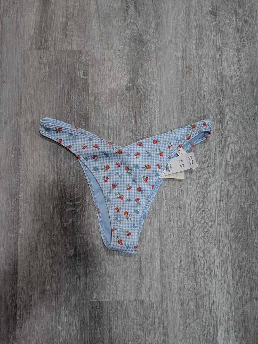 Hollister Light Blue Gingham Bikini Bottom with Red Cherry Motif